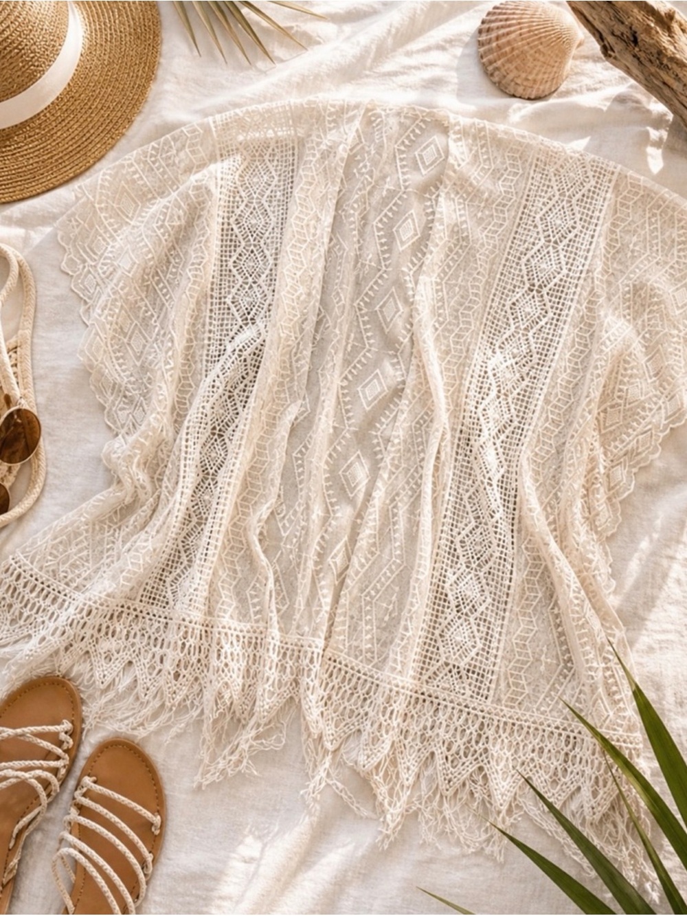 Taylor & Sage Crochet Lace Kimono XL | Boho Fringe Cover-Up | Cream